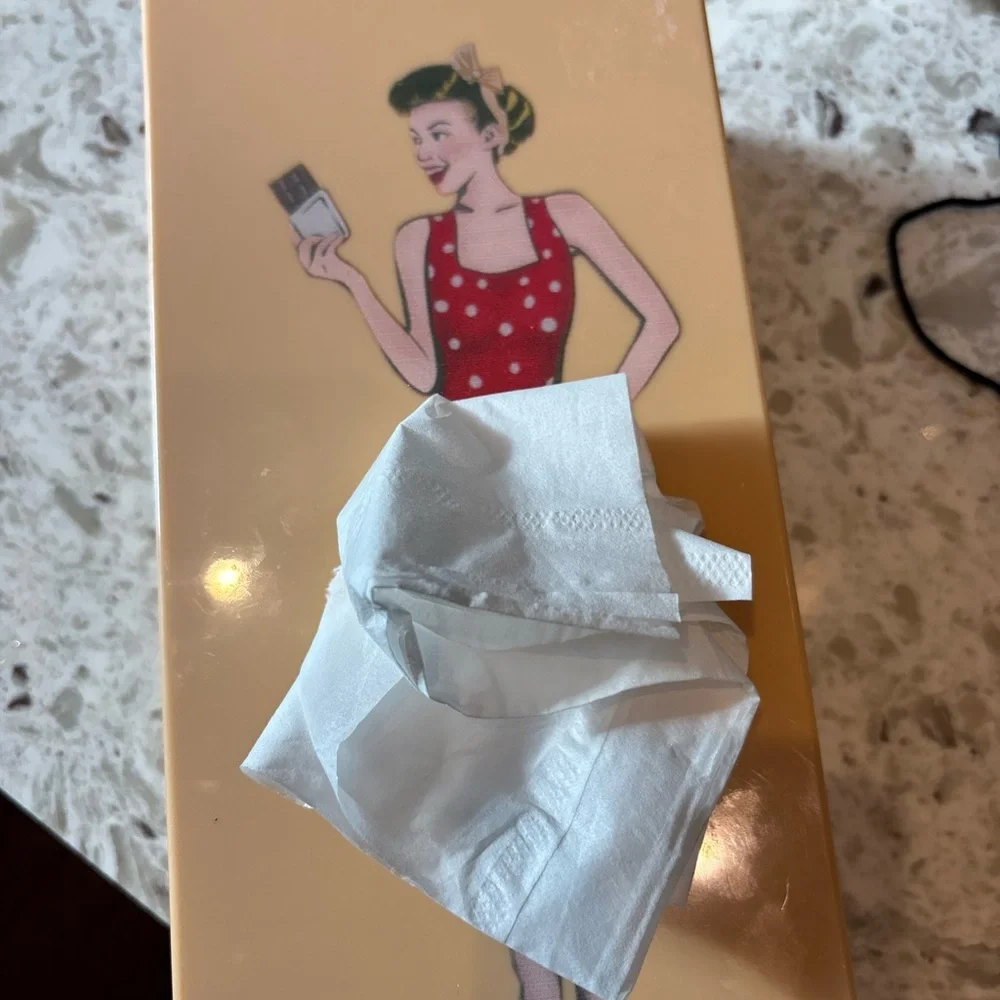 Retro‎ Peachy Yellow Pinup Tissue Box With Woman Eating Chocolate